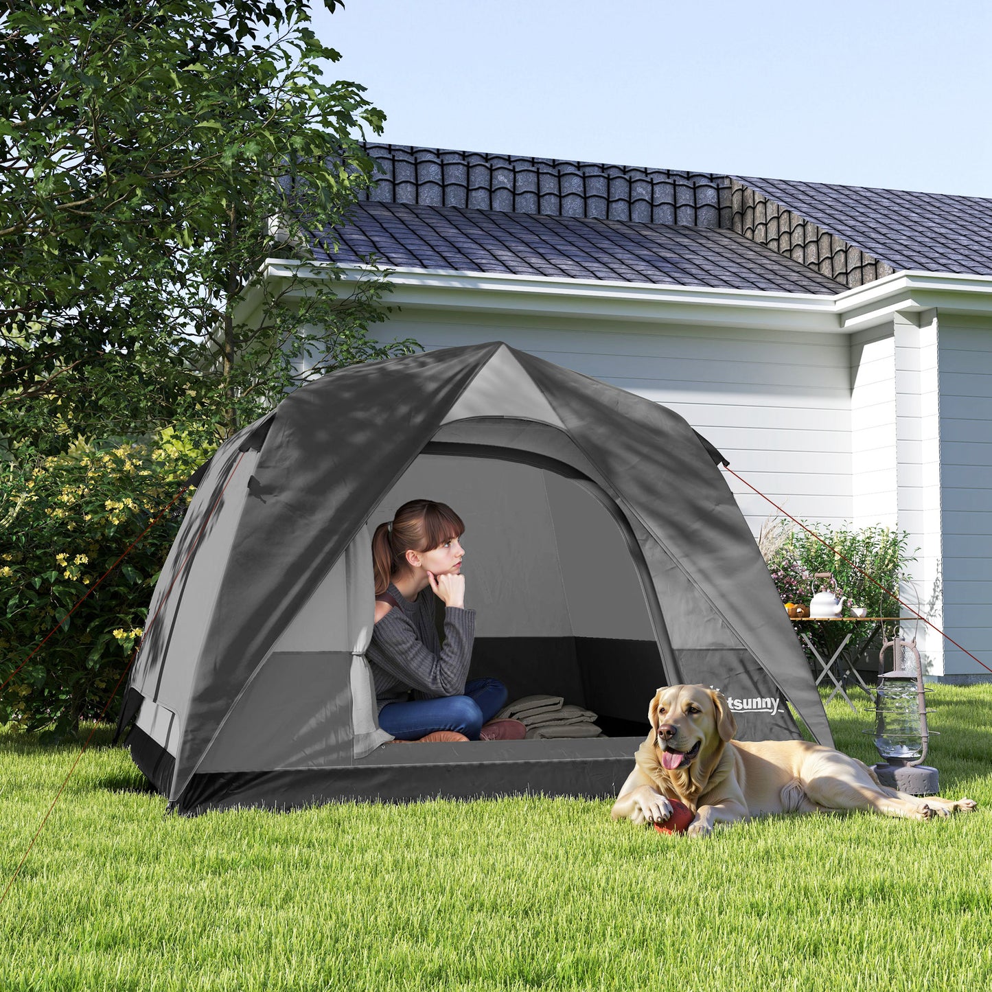 3-4 Person Camping Tent, Easy Set Up 3-4 Man Tent w/ Sewn-in Groundsheet, Waterproof Dome Tent w/ Mesh Windows, Grey