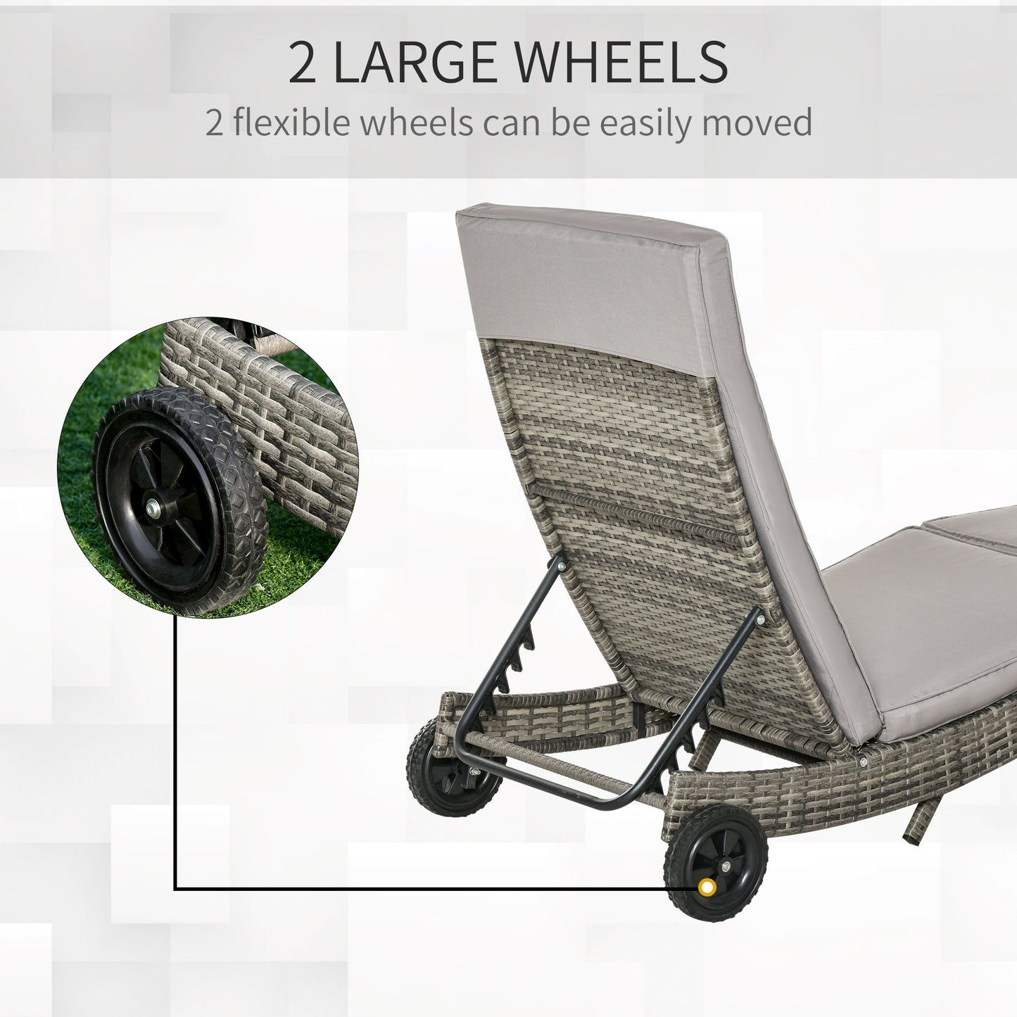 Patio Wicker Chaise Lounge Chair, Outdoor PE Rattan Sun Lounger with Adjustable Backrest and 2 Wheels, Grey