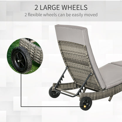 Patio Wicker Chaise Lounge Chair, Outdoor PE Rattan Sun Lounger with Adjustable Backrest and 2 Wheels, Grey