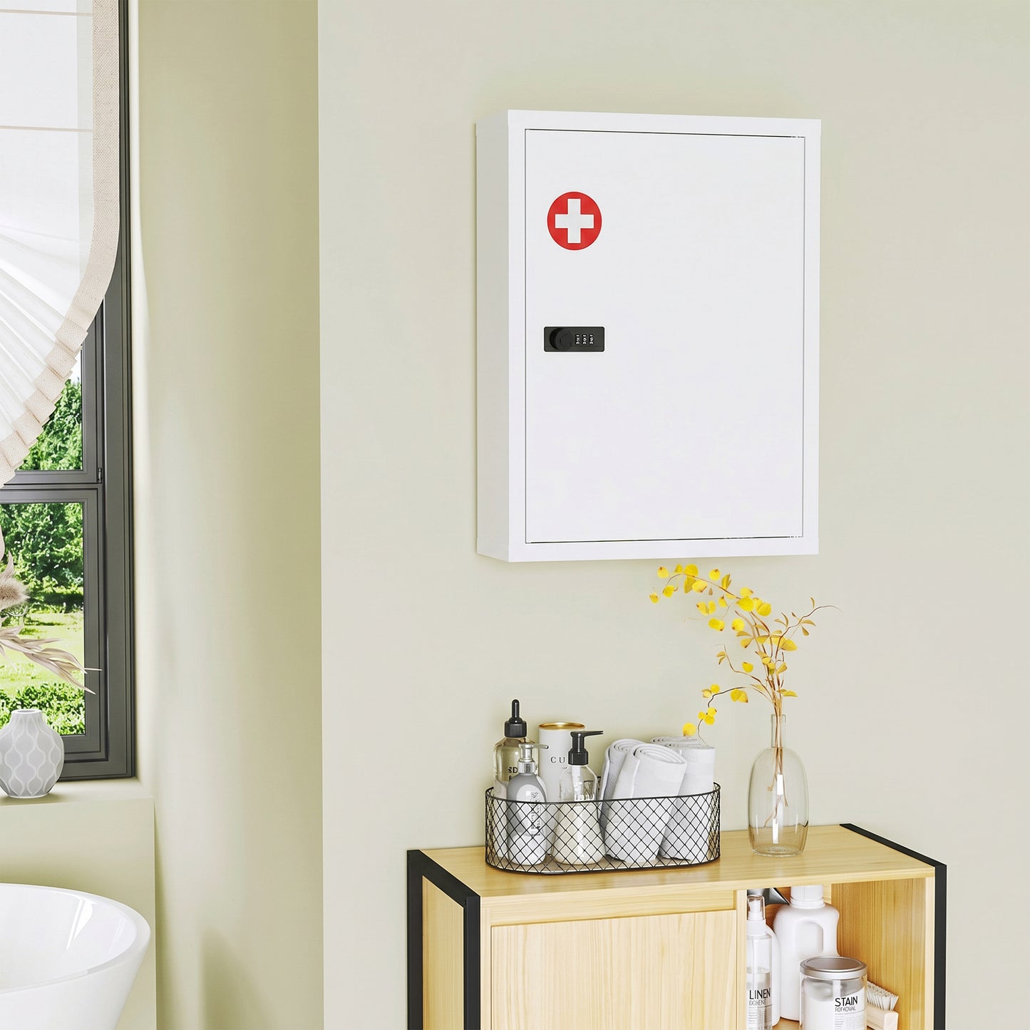 Wall Mount Medicine Cabinet, Bathroom Cabinet with Combination Lock, Door and Storage Shelves, White