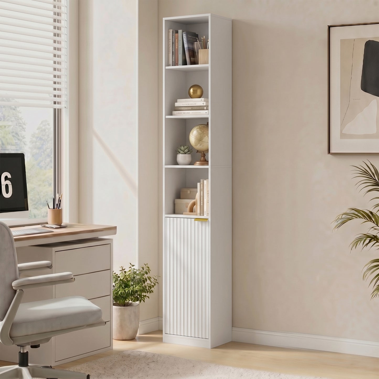Bookcase Adjustable Shelf Bookshelf Anti-Tip Hardware 6-Tier Storage Cabinet White Wood Effect