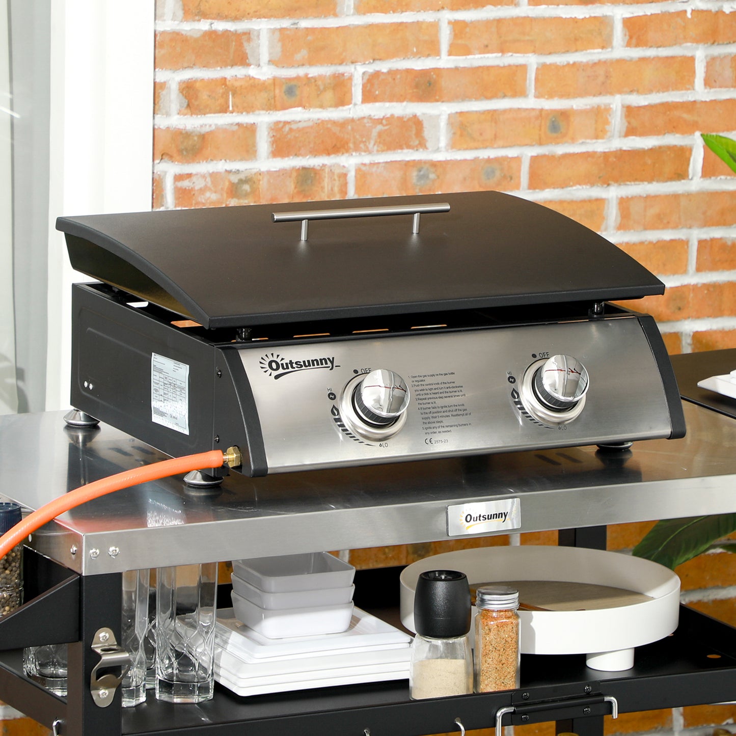 Gas Plancha Barbecue Grill with 2 Stainless Steel Burner, 5kW