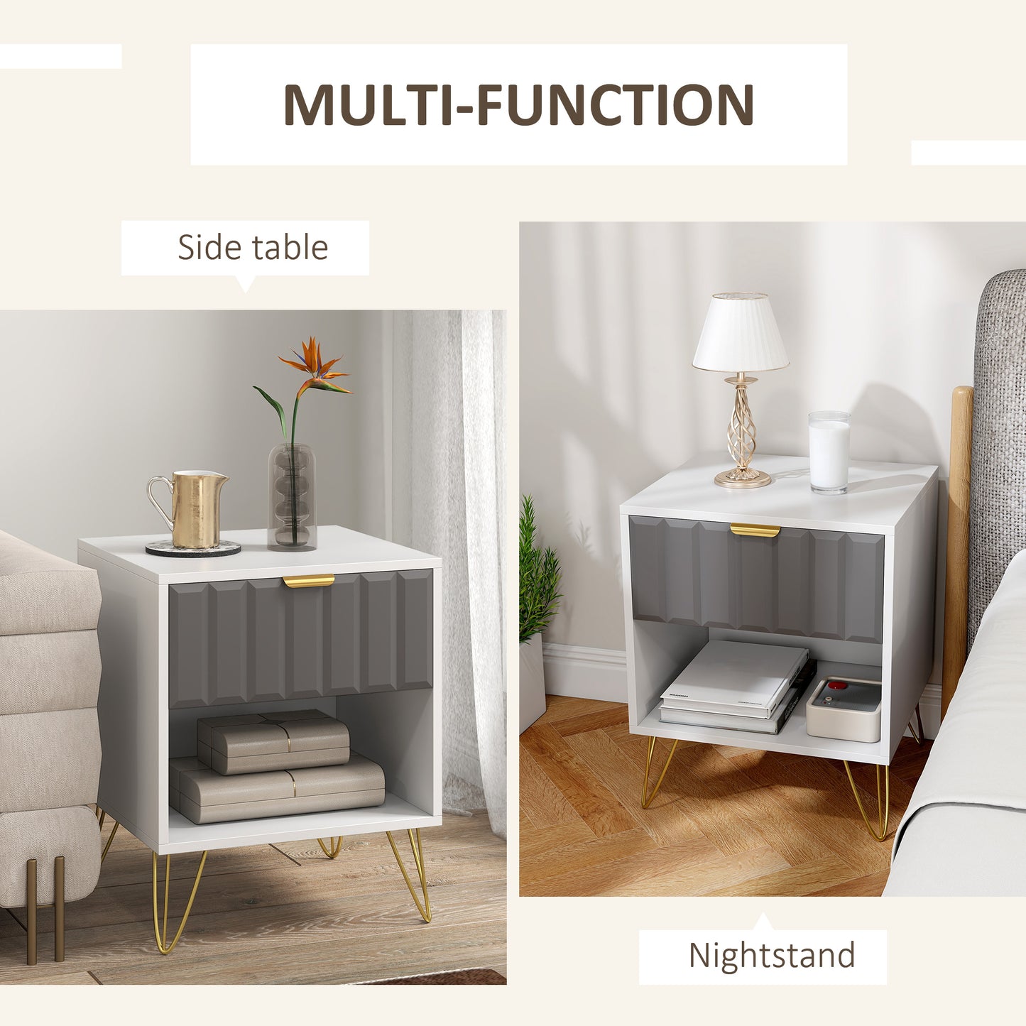 Bedside Table Modern Bedside Cabinet with Drawer and Open Compartment, 45 x 40 x 55, White