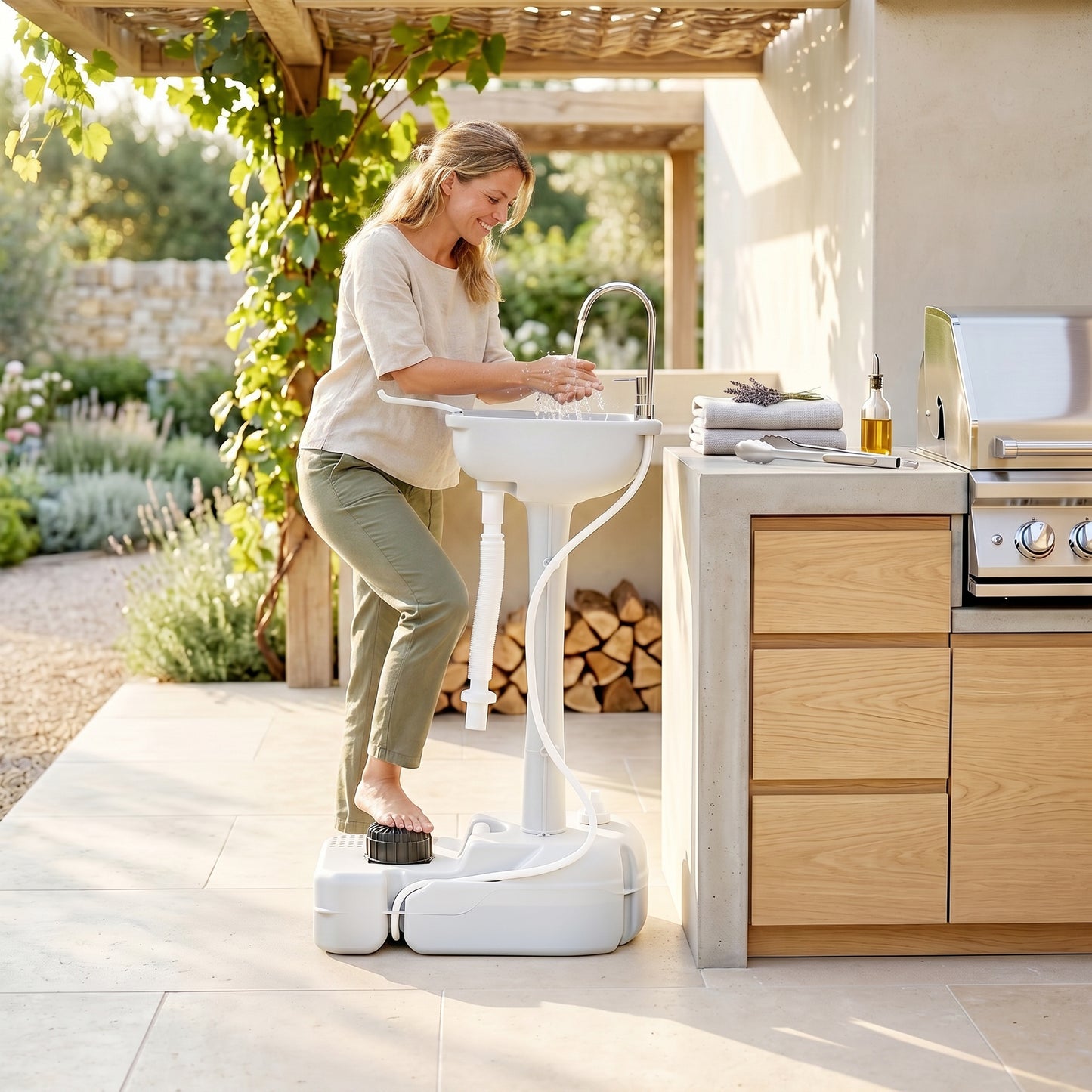 Camping Sink, 17L Portable Hand Wash Station with Towel Holder, Soap Dispenser and Rolling Wheels, Outdoor Sink for Events