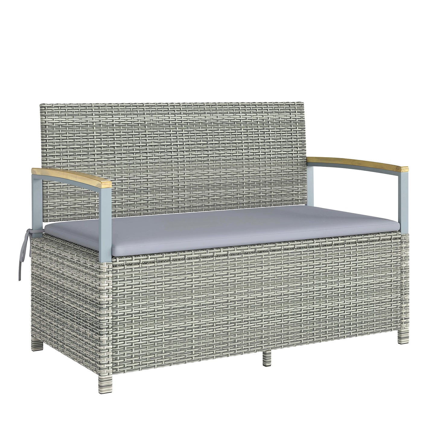 170 L Garden Storage Bench with Zipped Liner, 2 Seater Rattan Garden Bench with Storage, Gas Strut, Cushion, Light Grey