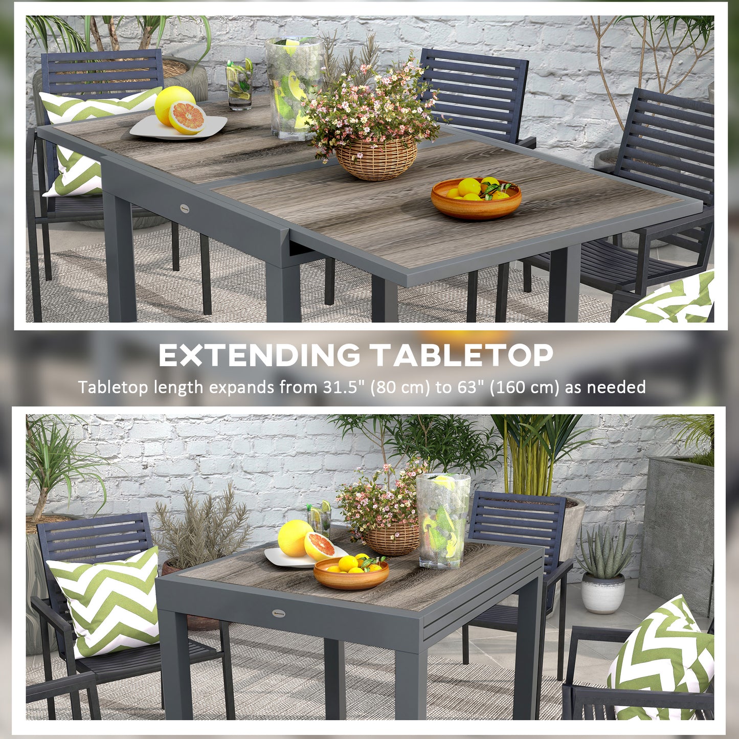 Extending Garden Table, Outdoor Dining Table for 6, Aluminium Frame Rectangular Patio Table with Plastic Board Tabletop