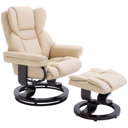 360° Swivel Recliner Chair with Footstool, PU Leather Manual Recliner Armchair with Footstool, Solid Wood Base