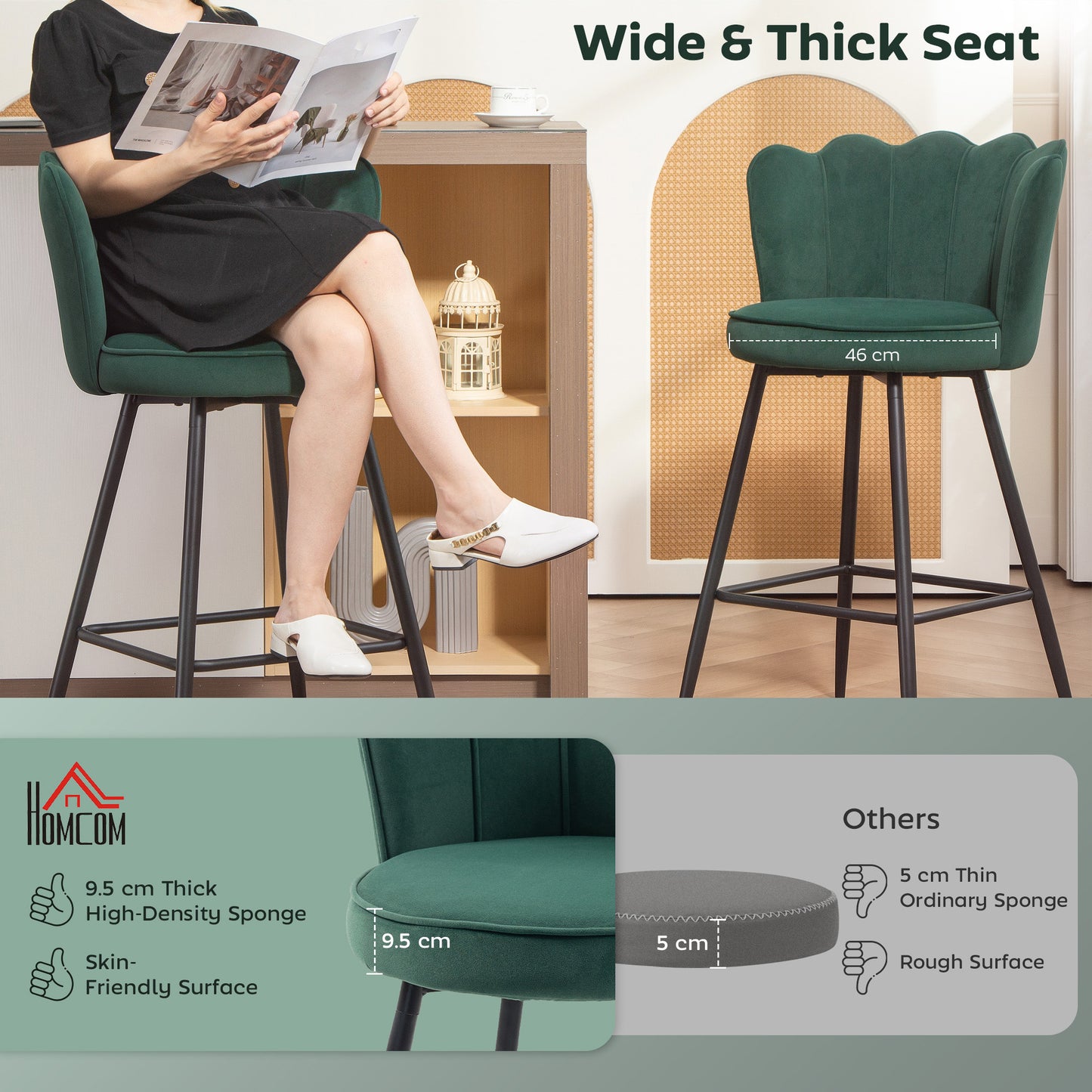 Set of Two Velvet-Feel Lotus Bar Stools - Dark Green