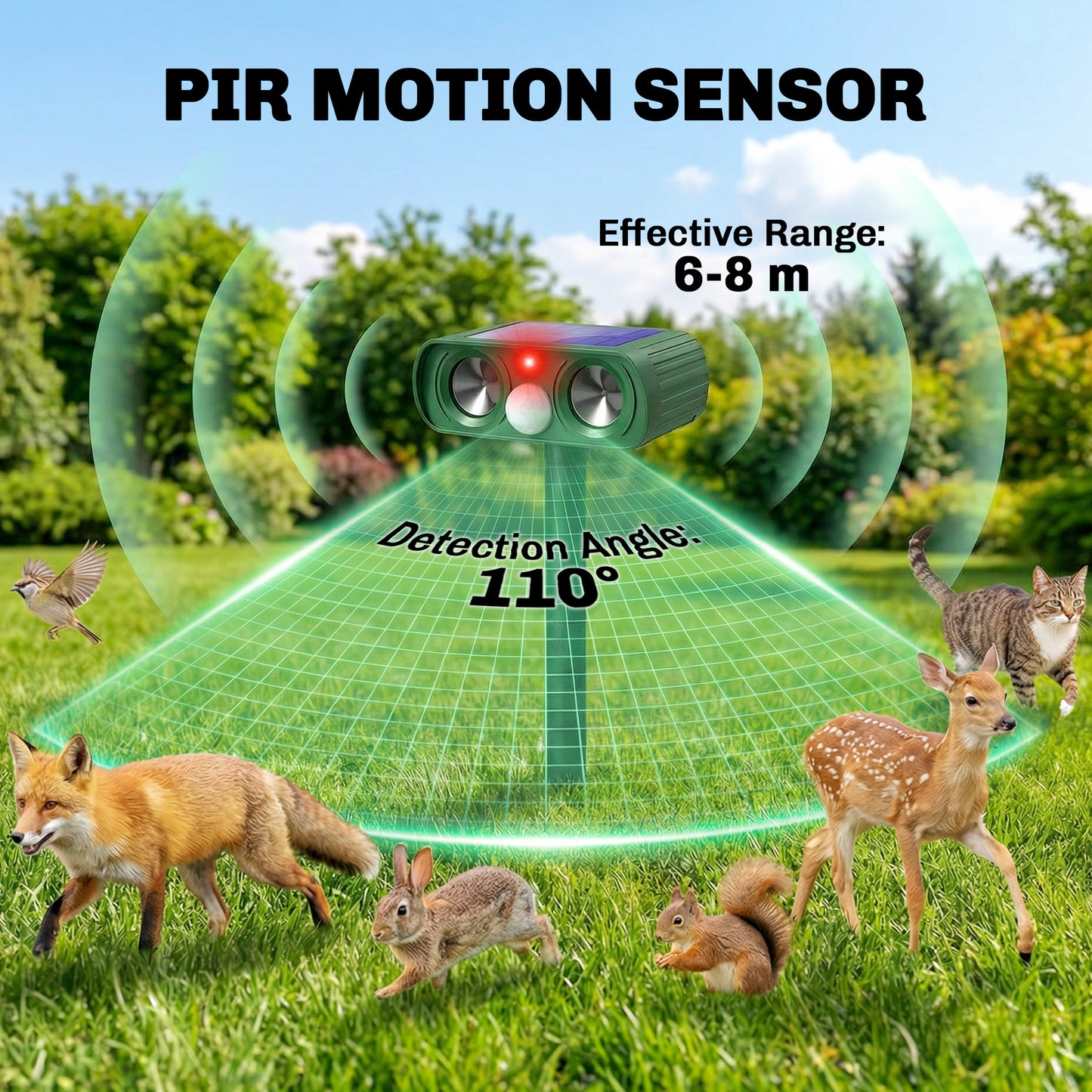 Ultrasonic Cat Repellent, PIR Motion Sensor 110°, LED Flash, Solar Cat Deterrents for Gardens UK