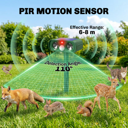Ultrasonic Cat Repellent, PIR Motion Sensor 110°, LED Flash, Solar Cat Deterrents for Gardens UK
