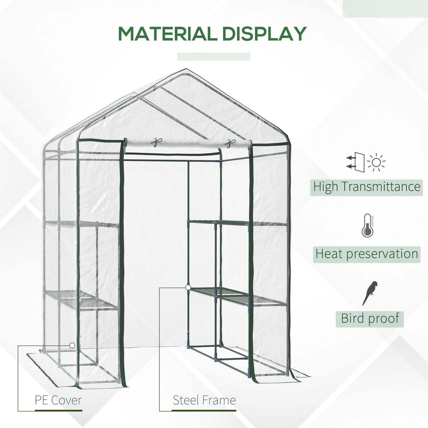 Walk in Greenhouse with 3-Tier 8 Shelves, Green House with Hemmed Cover, Roll-up Zipped Door, Steel Frame, 143 x 143 x 195cm