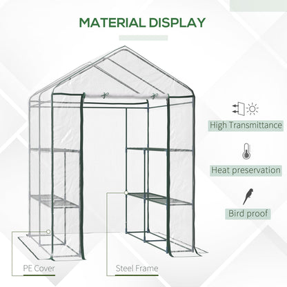 Walk in Greenhouse with 3-Tier 8 Shelves, Green House with Hemmed Cover, Roll-up Zipped Door, Steel Frame, 143 x 143 x 195cm