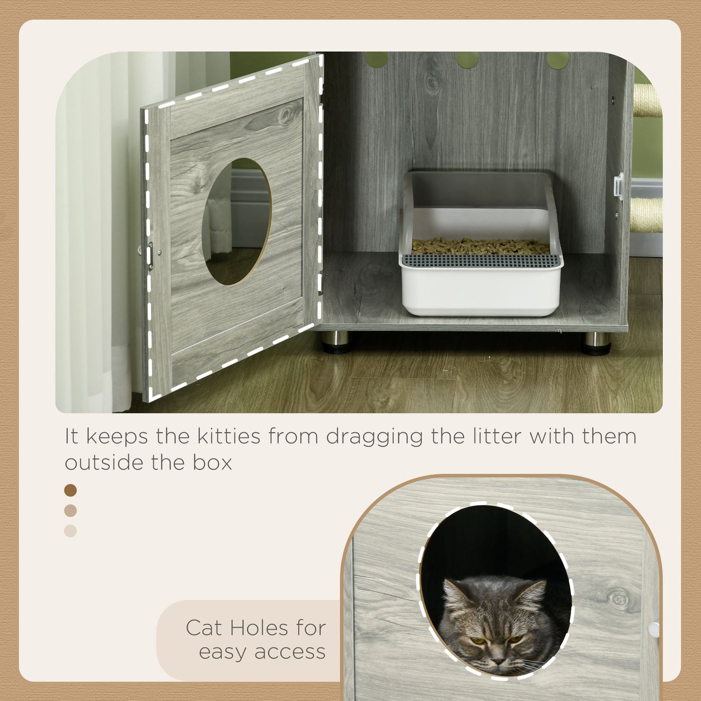 Enclosed Cat Litter Box with Cat House, Cat Bed, Scratching Posts, Platforms, for Indoor Cats - Grey