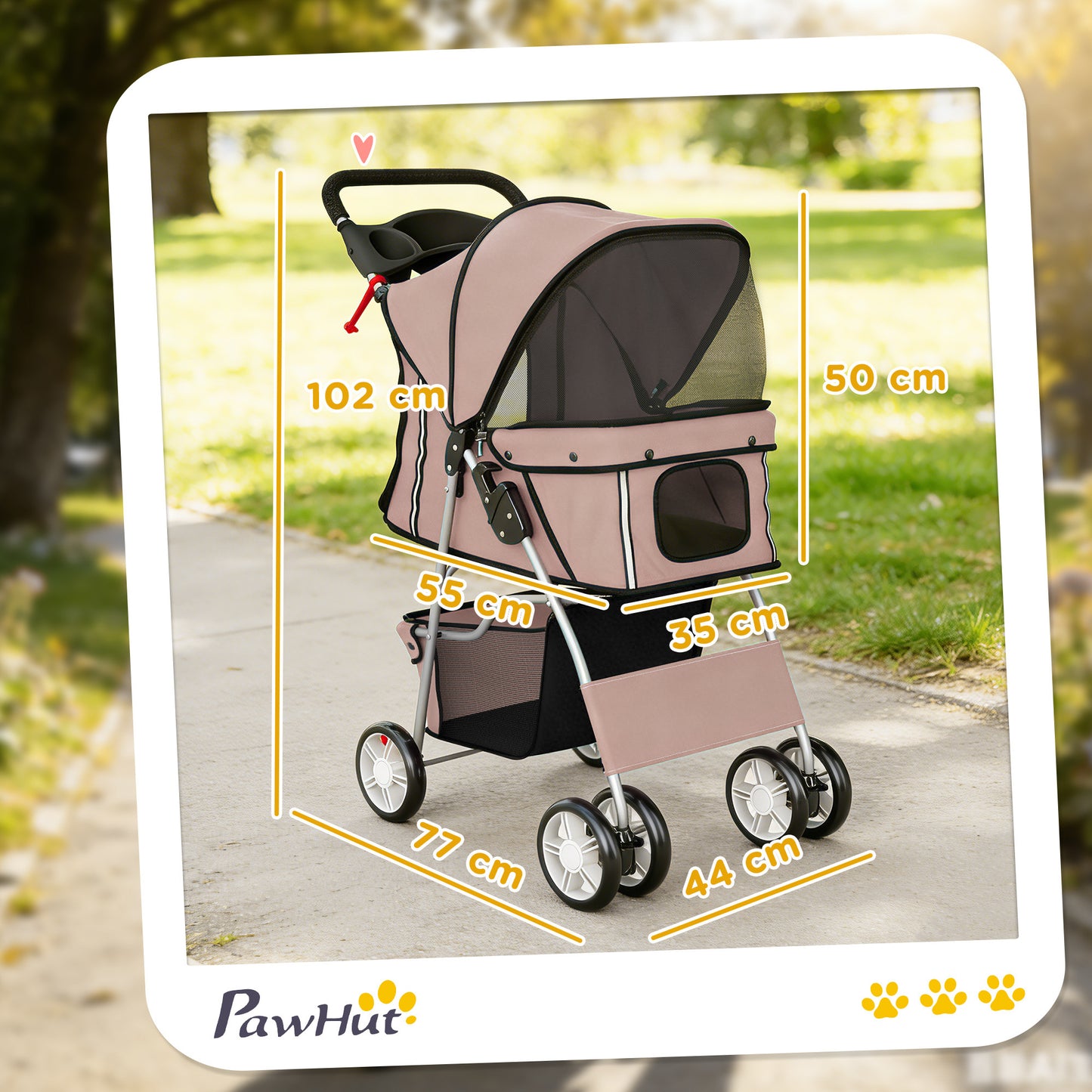 Dog Pram, Pet Stroller with Reflective Strips, Foldable Cat Stroller with 360° Swivel Wheels, Brown