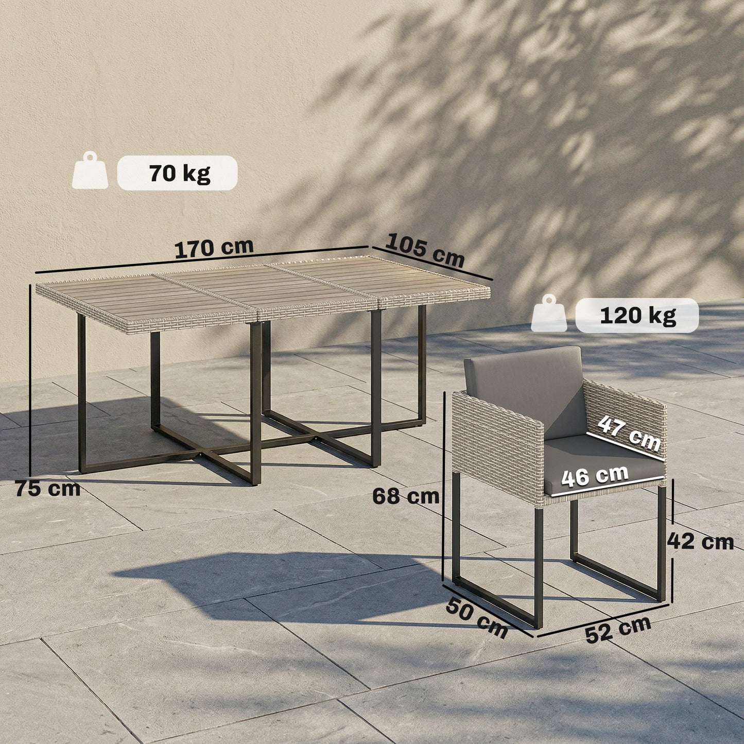 7 Piece Rattan Garden Furniture Set, Garden Dining Set with Wood-Plastic Table and 6 Stackable Chairs, Light Grey