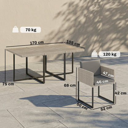 7 Piece Rattan Garden Furniture Set, Garden Dining Set with Wood-Plastic Table and 6 Stackable Chairs, Light Grey