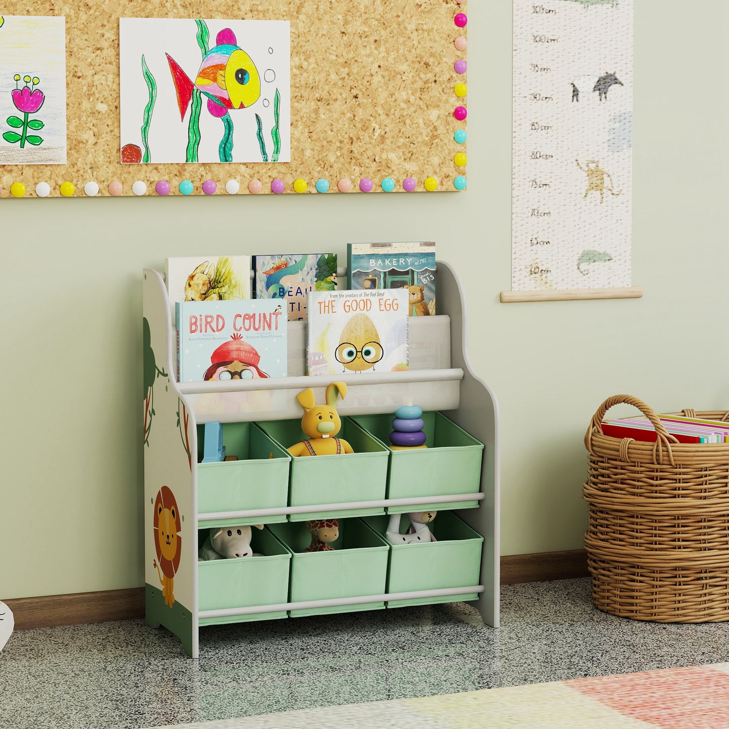 Kids Storage Unit, Toy Organiser with 6 Fabric Drawers and 2-Tier Sling Book Rack for Bedroom, Playroom, Nursery, Green