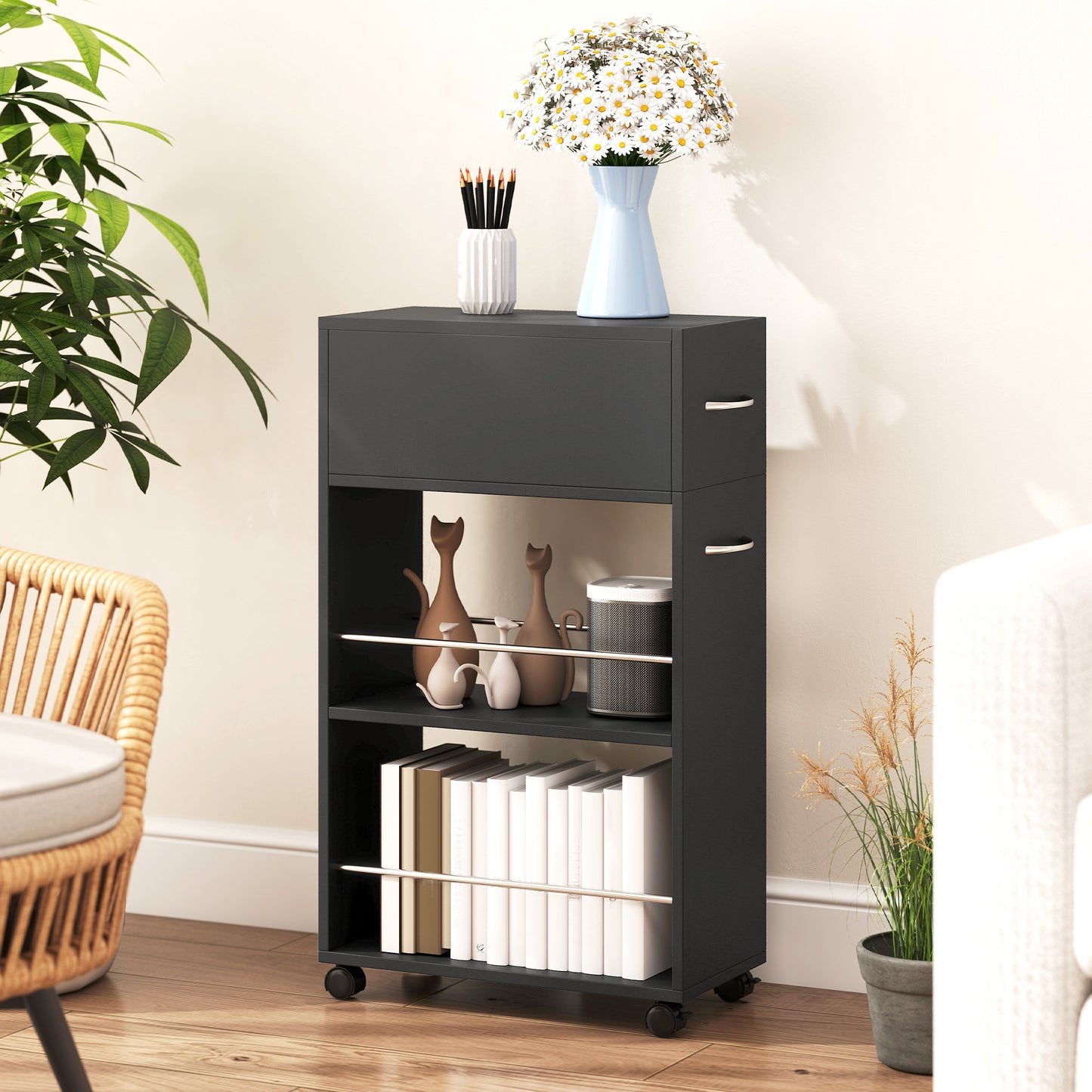 Rolling Storage Unit, 3-Tier Kitchen Cart Trolley with Drawer, Surface Top and 4 Universal Wheels, Black