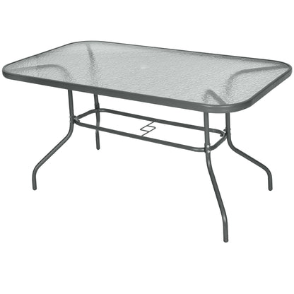 Garden Dining Table Glass Top Metal Frame with Parasol Hole Outdoor Balcony Grey 140L x 80Wcm