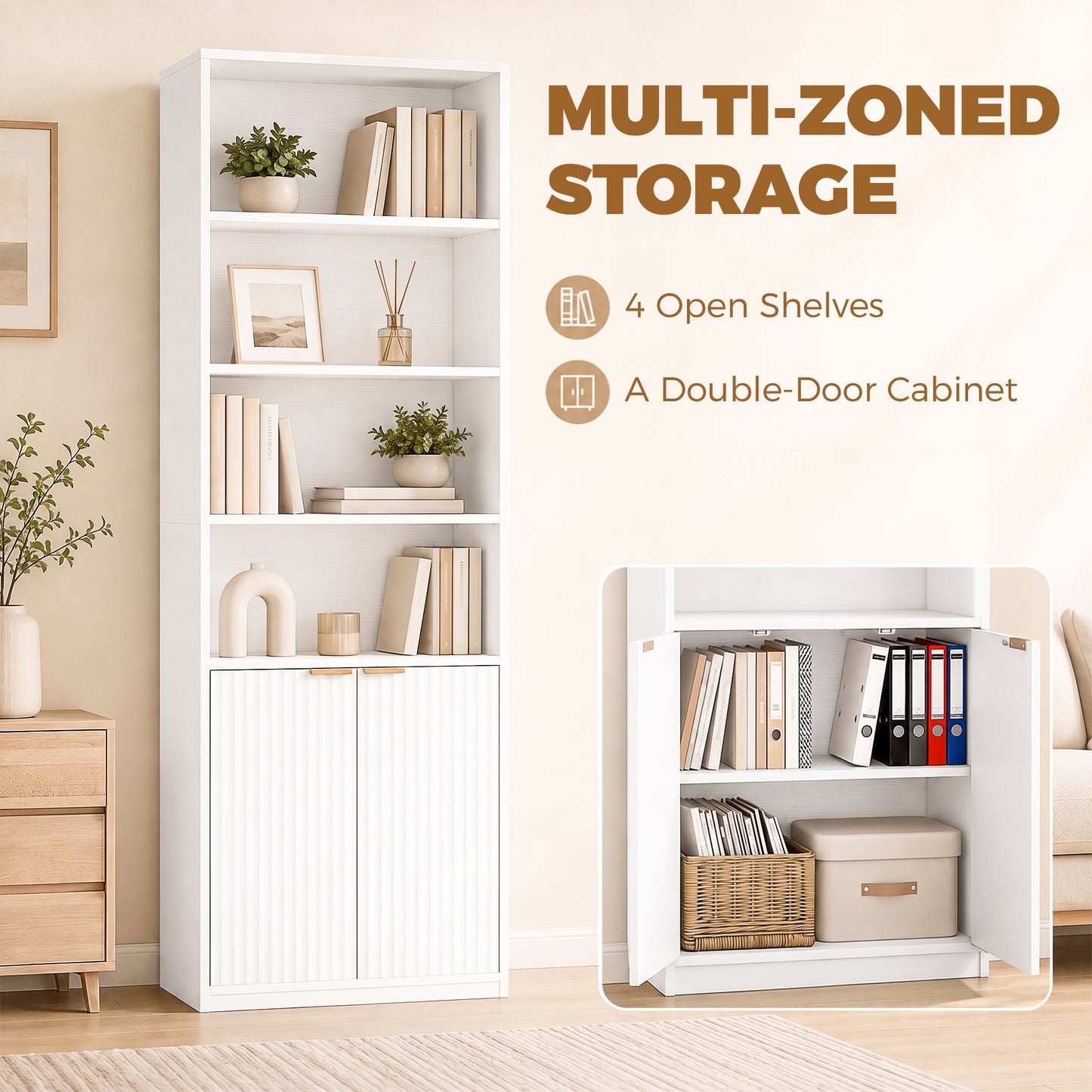 Bookcase Adjustable Shelf Bookshelf Anti-Tip Hardware 6-Tier, White