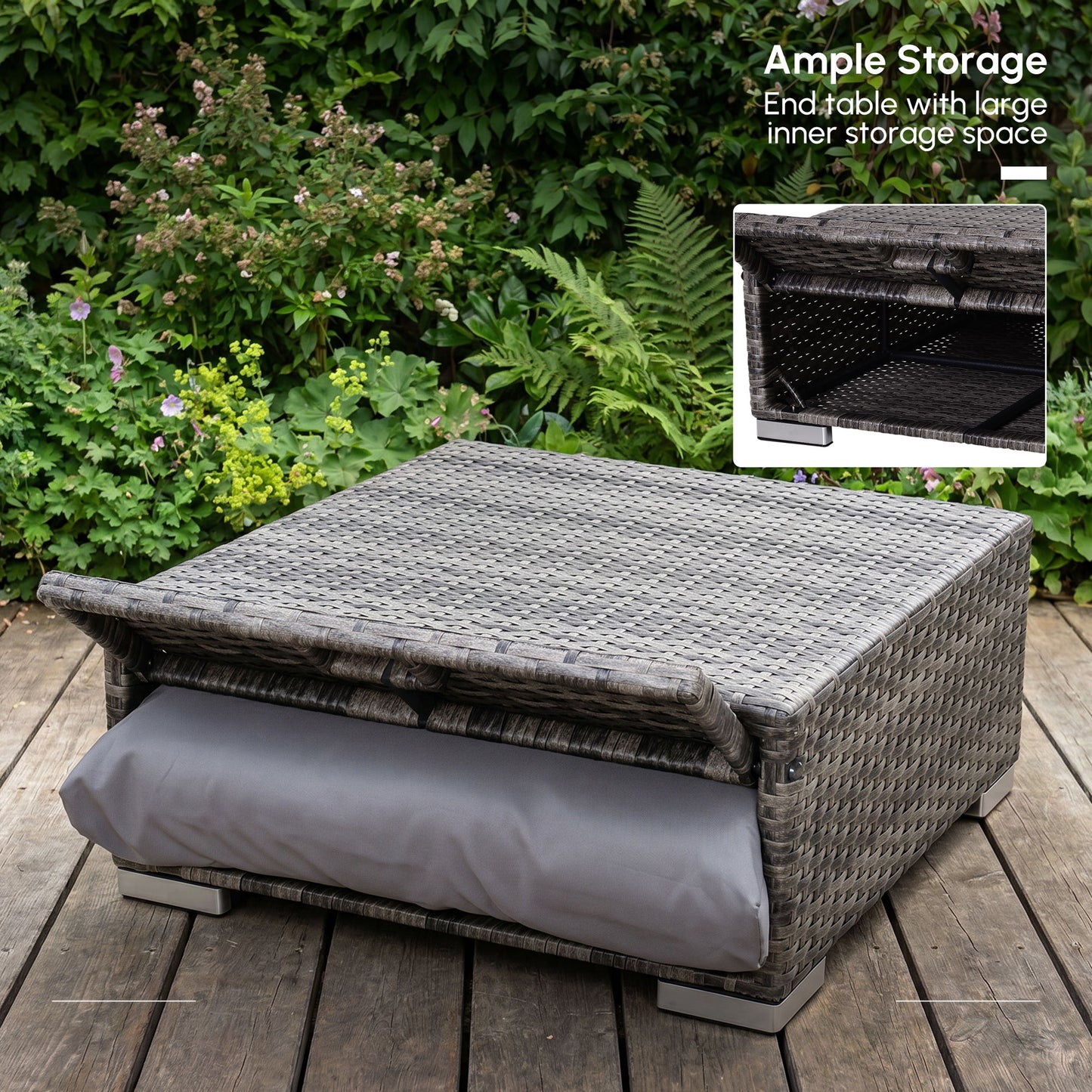 3PC Rattan Garden Furniture Storage Sofa Set, 4 Seater Wicker Coffee Table Conservatory Sun Lounger Reclining Set with Cushio