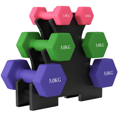 Hex Dumbbells Set with Dumbbell Rack, Hand Weights for Strength Training Weight Lifting, 2 x 1kg, 2 x 3kg, 2 x 5kg