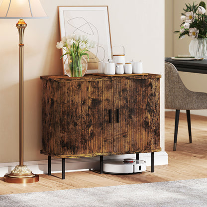 Mid-Century Modern Sideboard Storage Cabinet with Slatted Tambour Sliding Doors, Kitchen Cabinet with Steel Legs