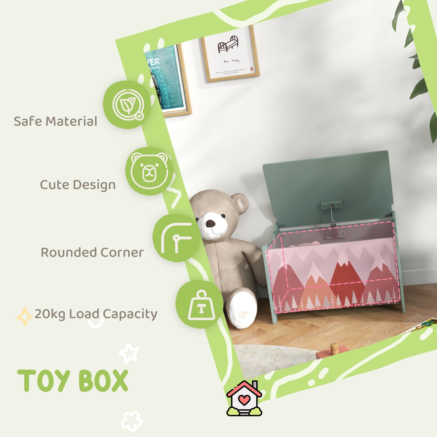 ZONEKIZ Toy Box, Kids Storage Chest, with Lid, Safety Hinge - Green