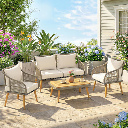4 Piece Rattan Garden Furniture Set with Loveseat, Armchairs, Wood Table, Wicker Patio Conversation Set, Cream White