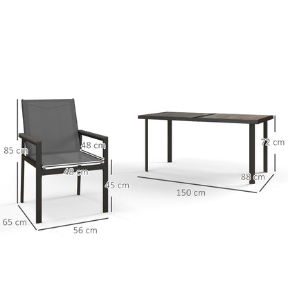 Seven-Piece Metal Dining Set with Glass-Top Table and Texteline Chairs - Grey