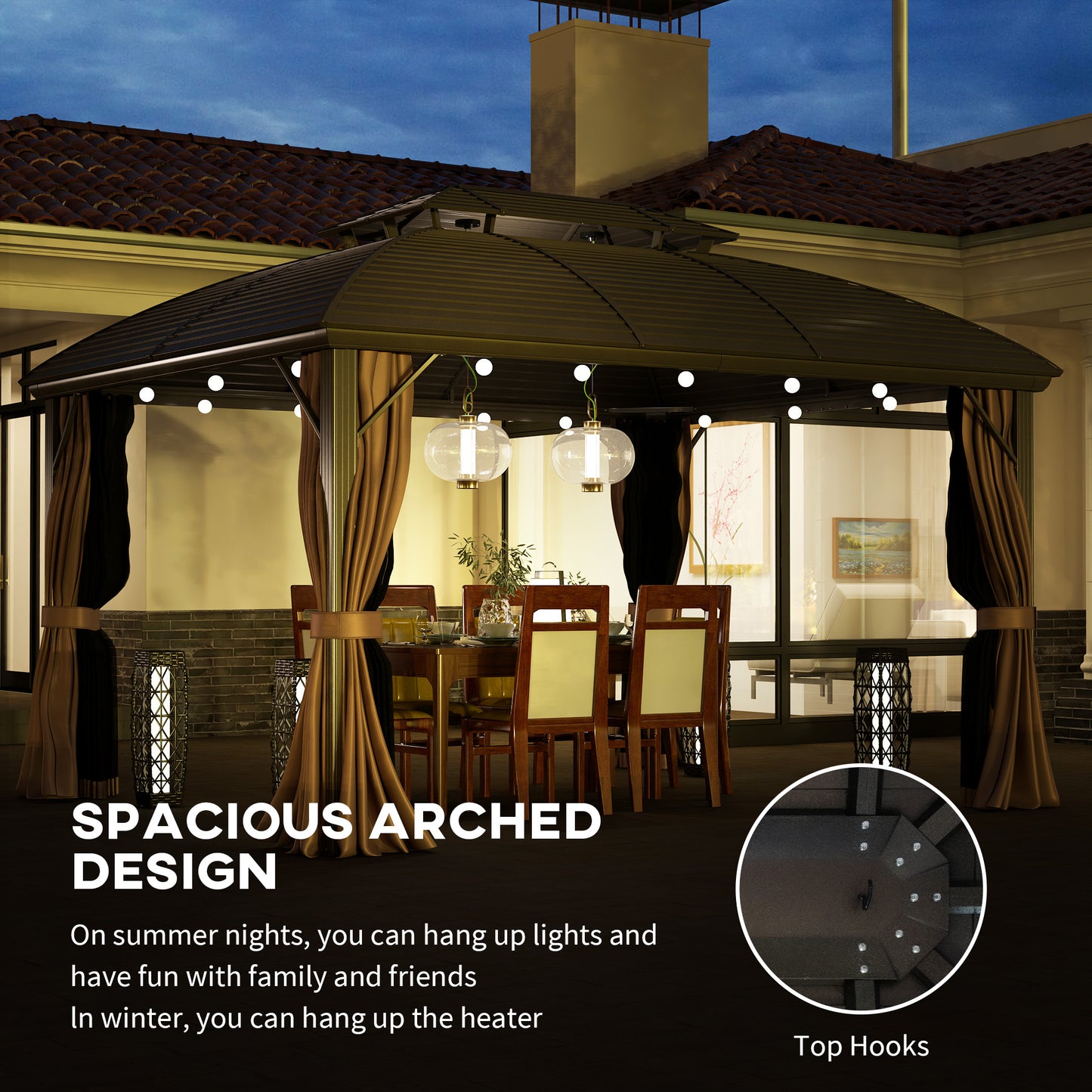 3.65 x 3(m) Hardtop Steel Gazebo Canopy with Aluminium Frame, Double Roof, Net Sidewalls and Curtains, Coffee