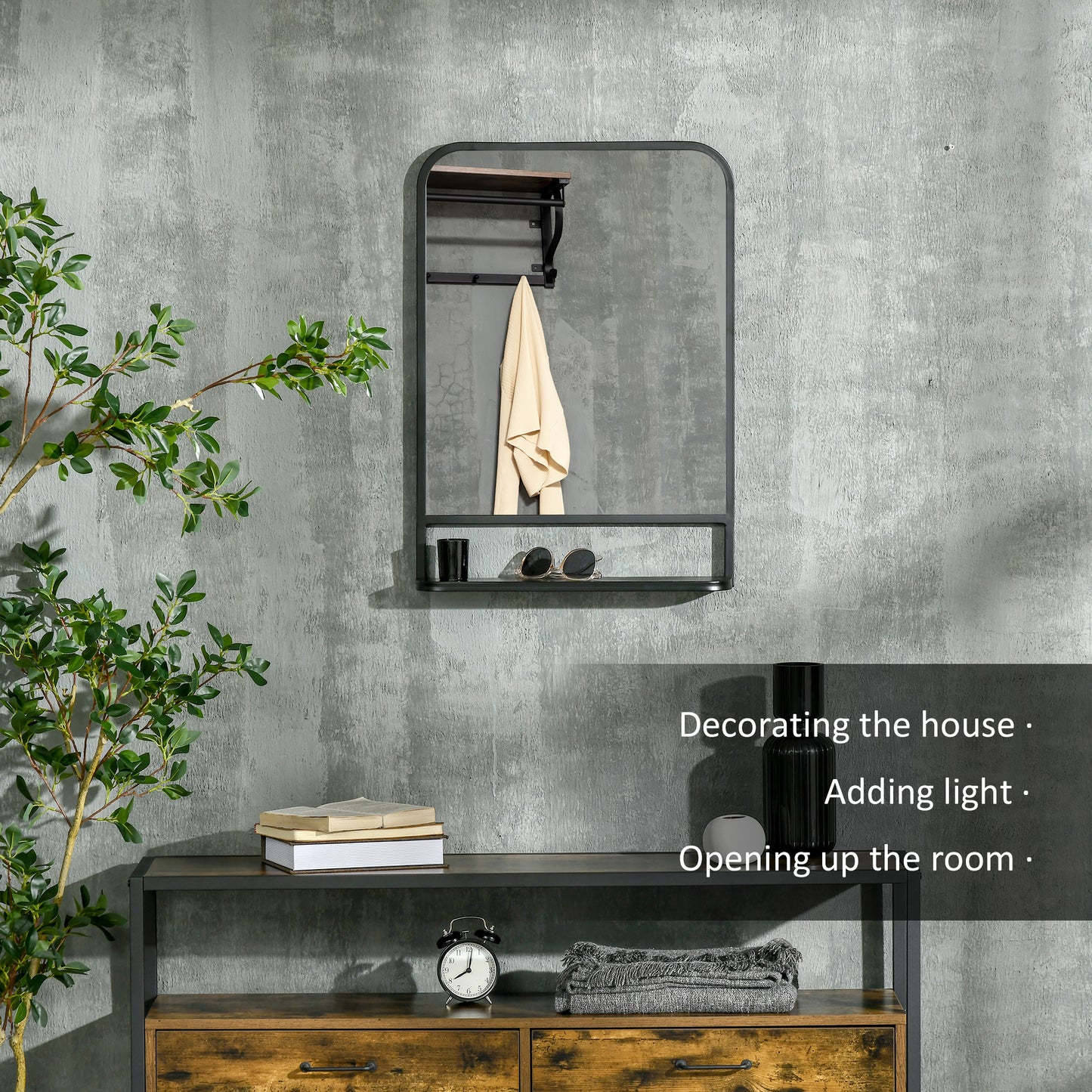 Modern Rectangular Wall Mirror with Storage Shelf, 70 x 50 cm Mirrors for Living Room, Bedroom, Black