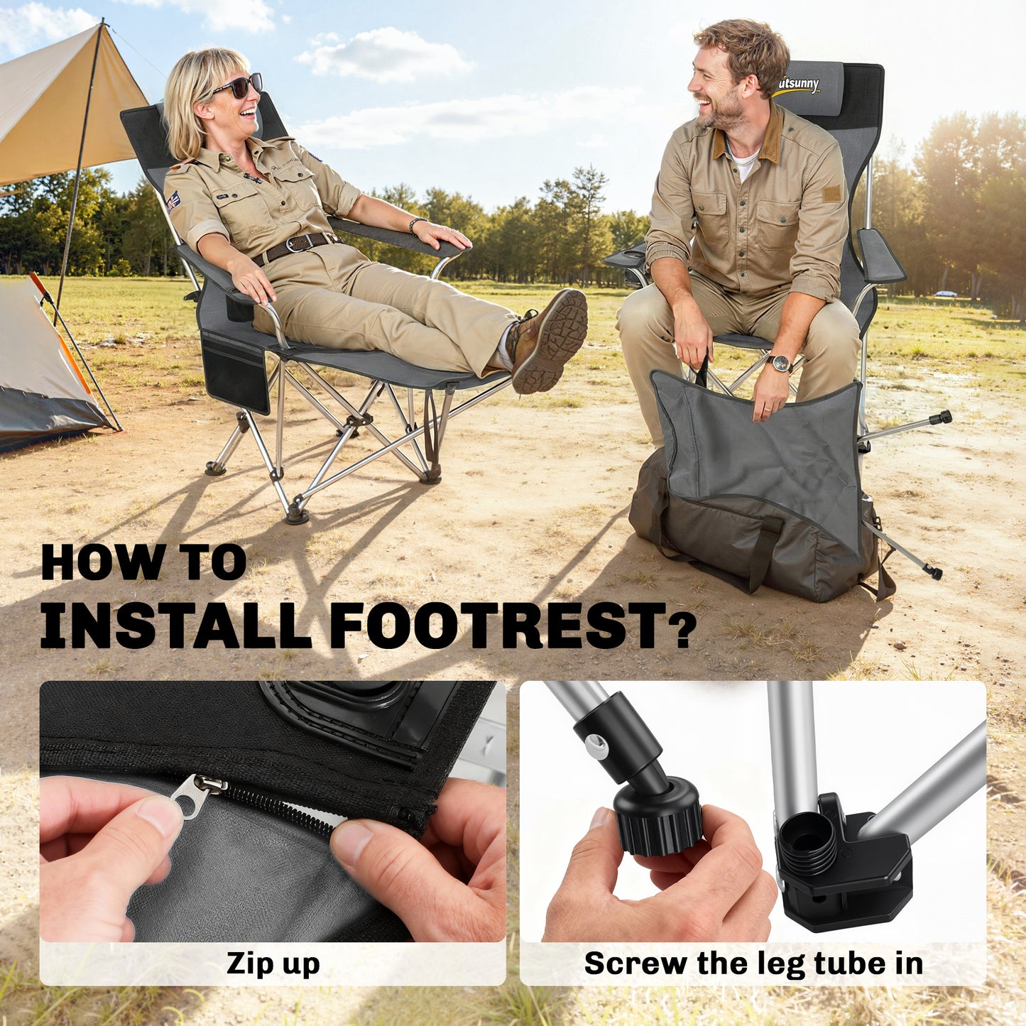 Set of 2 Reclining Folding Camping Chair w/ Detachable Footrest, Storage Bag, Cup Holder & Headrest