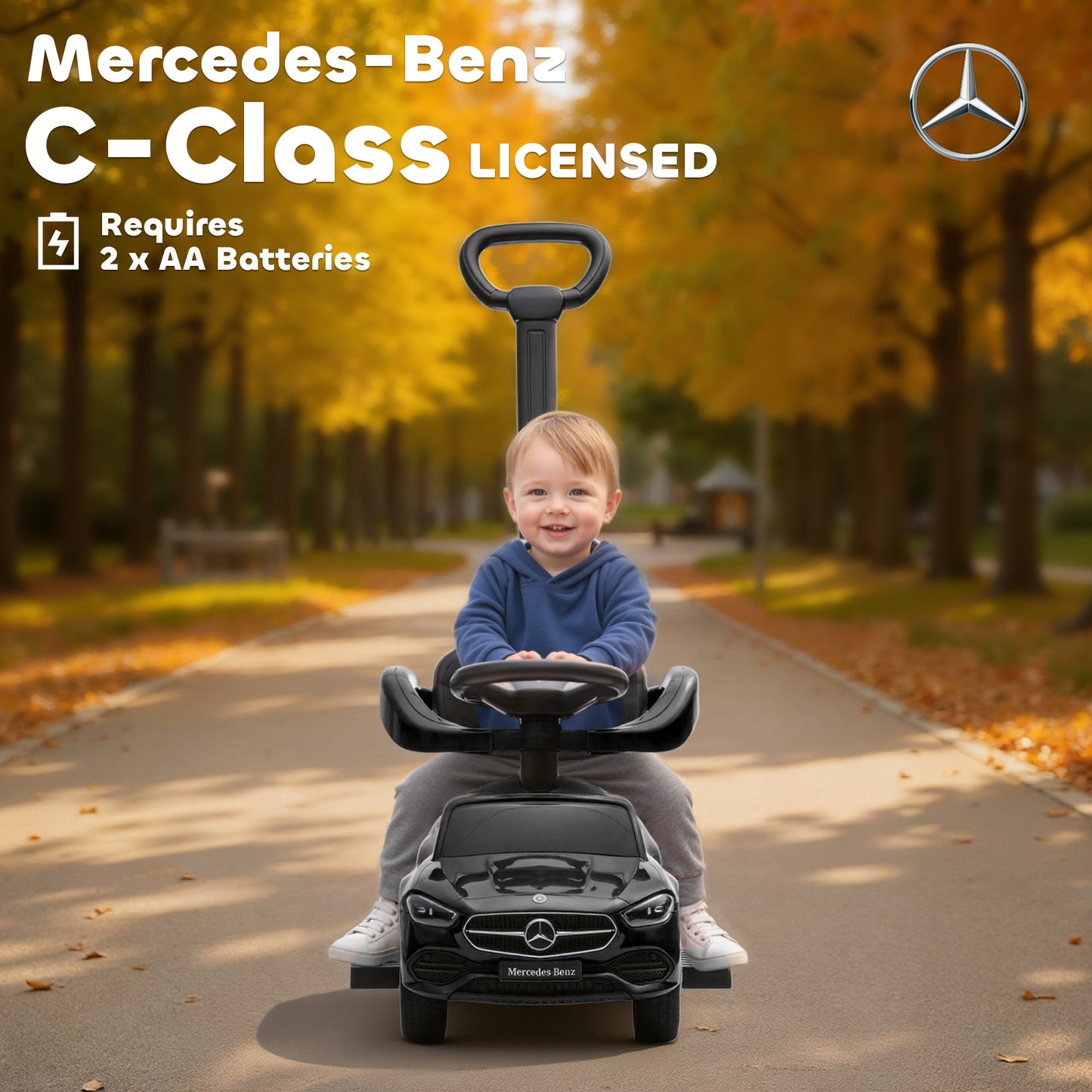 2 in 1 Baby Ride on Push Car Mercedes-Benz C-Class Licensed Walker Foot to Floor Push-Along with Removable Handle, Black