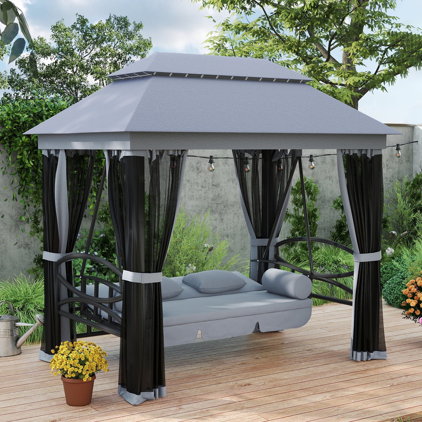 3 Seater Swing Chair Hammock Gazebo Lounger Cushioned Seat Waterproof Grey