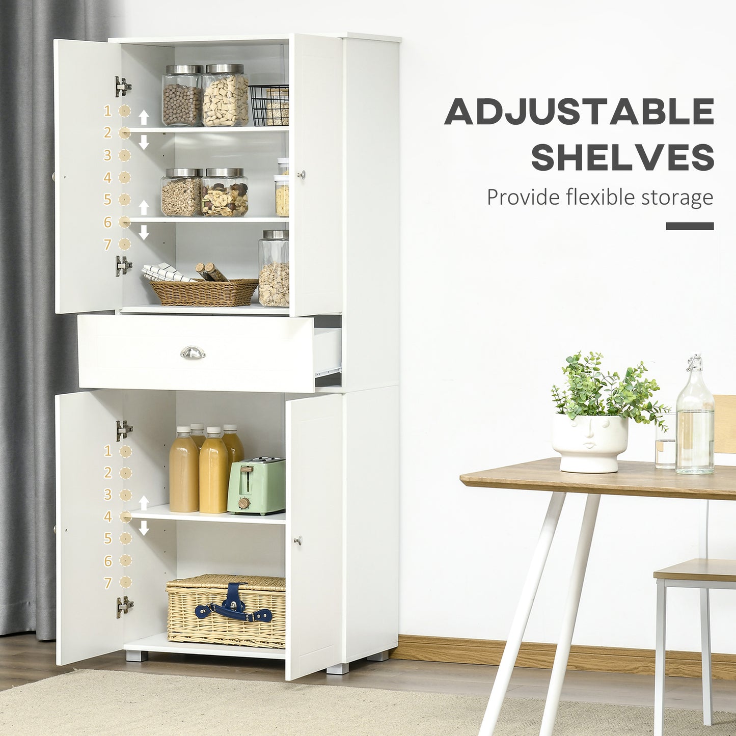 184cm Tall Kitchen Cupboard, Freestanding Kitchen Pantry Storage Cabinet with 4 Doors, 3 Adjustable Shelves, Drawer