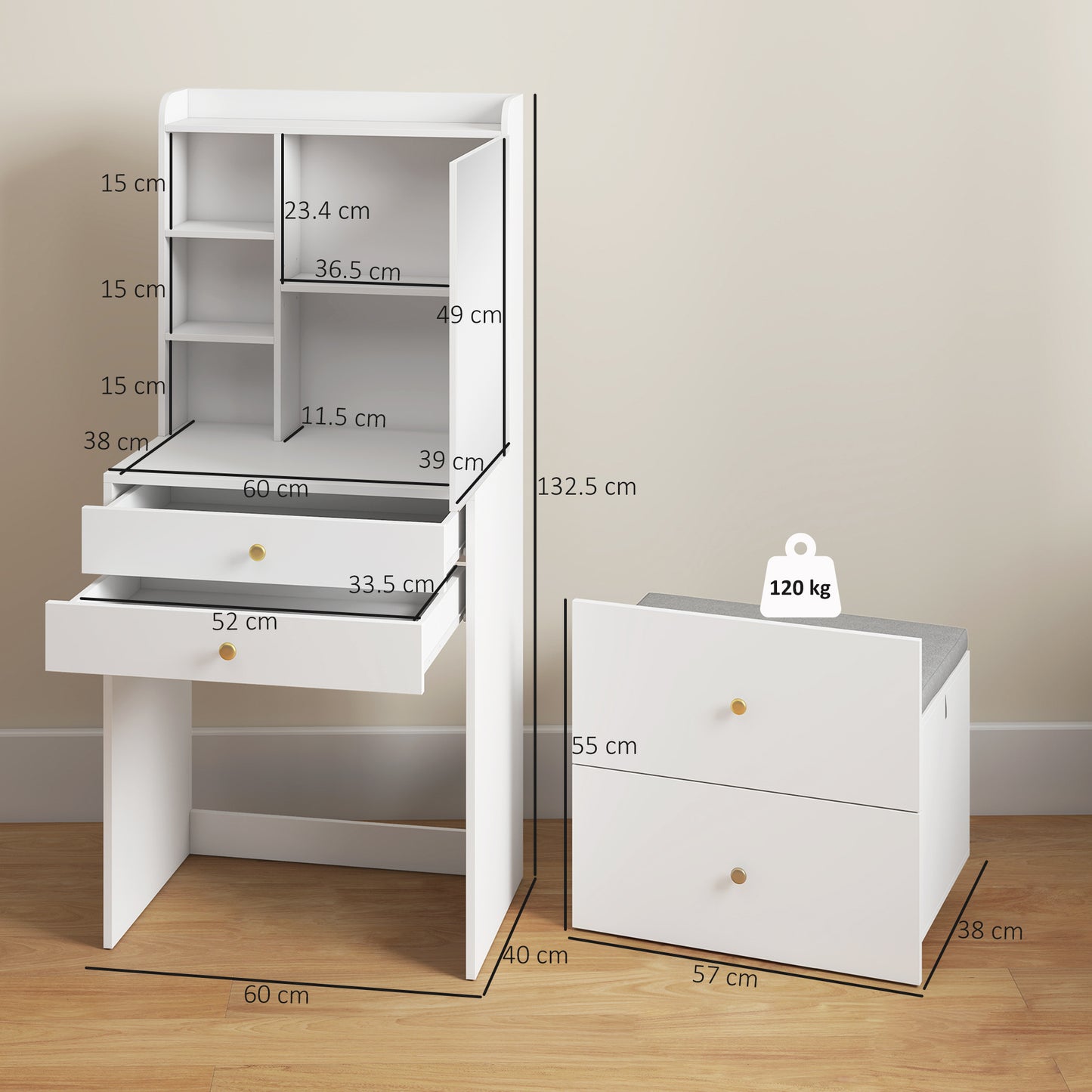 Dressing Table with Mirror and Mobile Storage Stool, Compact Vanity Table with Cabinet, Drawers, Open Shelves, White