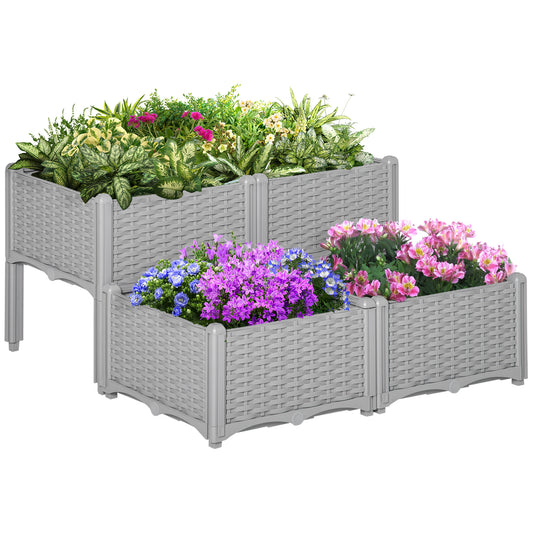 Set of 4 26L Garden Raised Bed Elevated Patio Flower Plant Planter Box PP Vegetables Planting Container, Grey