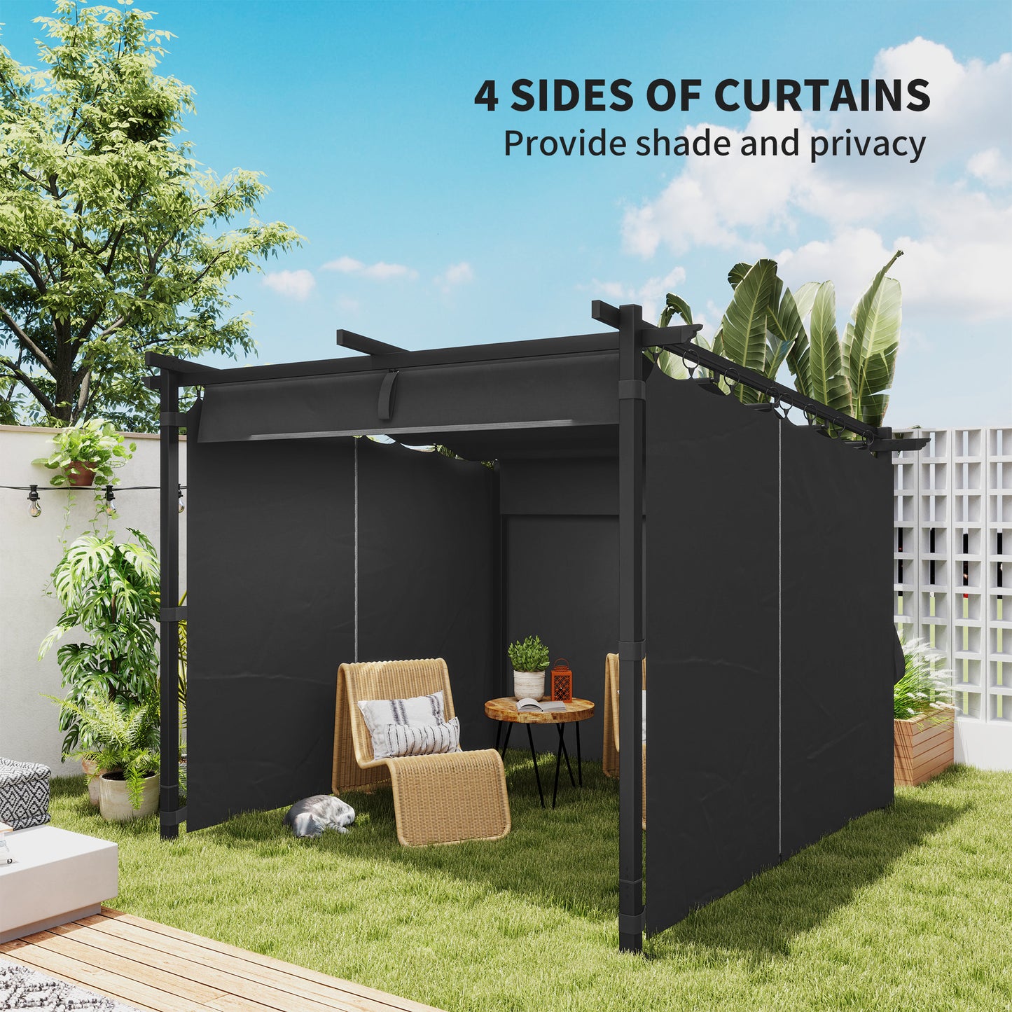 3 x 3 m Retractable Roof Pergola, with Curtains - Dark Grey