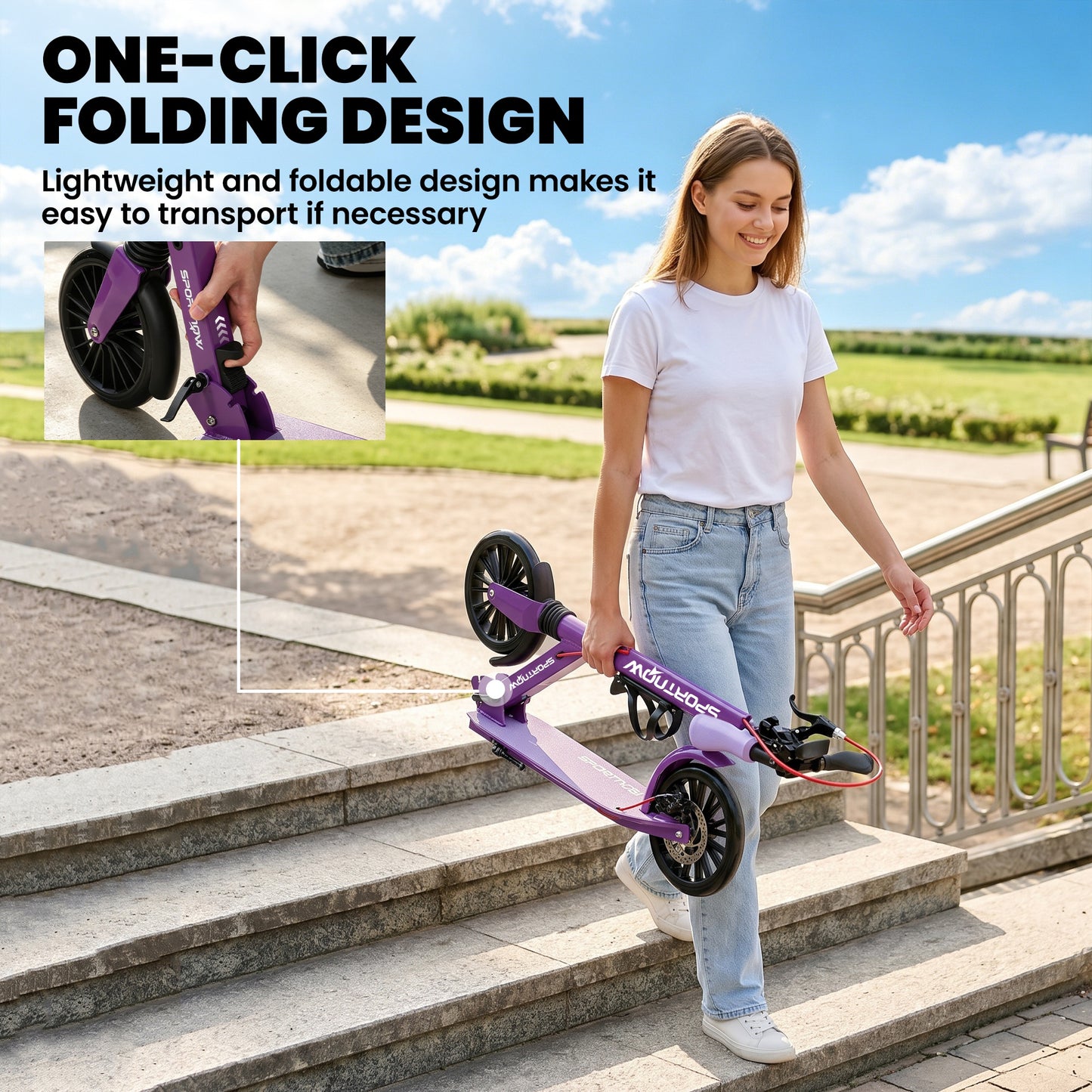 Foldable Kick Scooter with Height Adjustable Handlebar, One-click Folding Adult Scooters with 200 mm Big Wheels, Purple