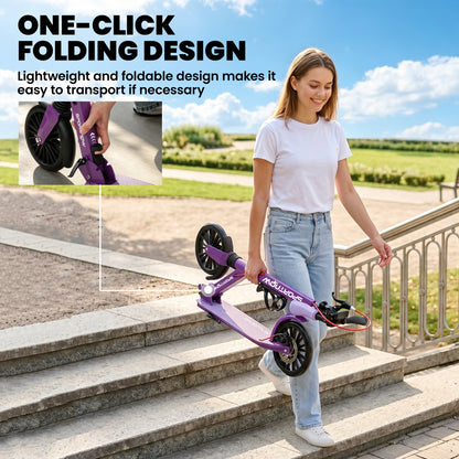 Foldable Kick Scooter with Height Adjustable Handlebar, One-click Folding Adult Scooters with 200 mm Big Wheels, Purple
