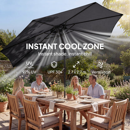 2.7 m Garden Parasol Umbrella with Cross Base and Sandbag, Retractable Ribs, Outdoor Table Market Umbrella, Black