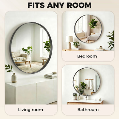 Round Wall Mirror 61 cm, Wall Mounted Bathroom Mirror with Tempered Safety Glass and Aluminium Alloy Frame, Black