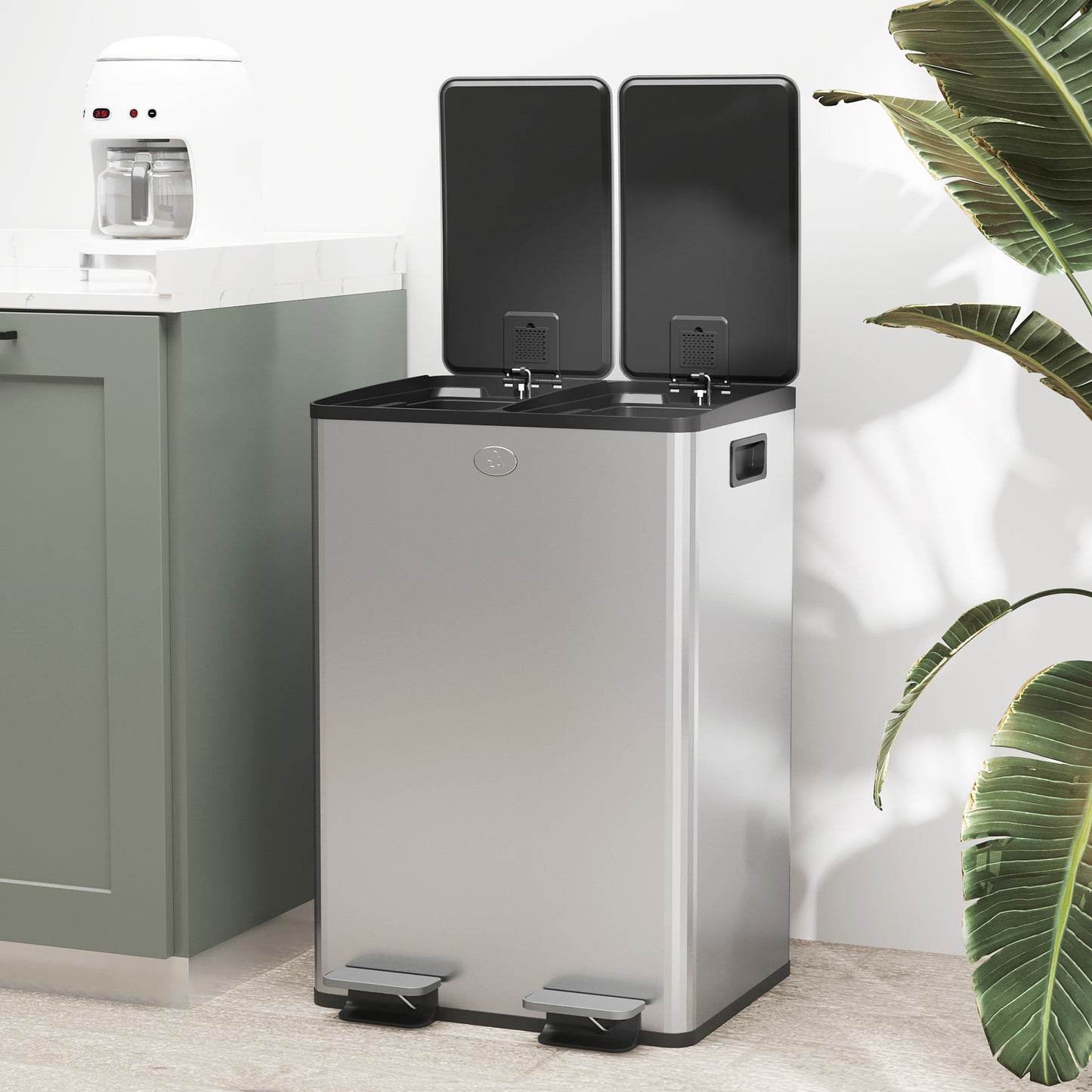 56L Dual Compartment Stainless Steel Bin, with Deodoriser Holders - Silver Tone
