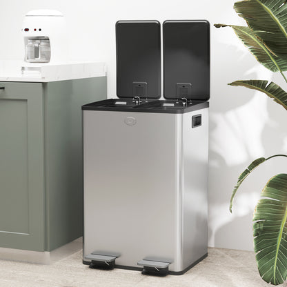 56L Dual Compartment Stainless Steel Bin, with Deodoriser Holders - Silver Tone