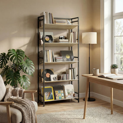 Bookshelf 5-Tier Metal Frame Bookcase Storage Shelves for Living Room Oak