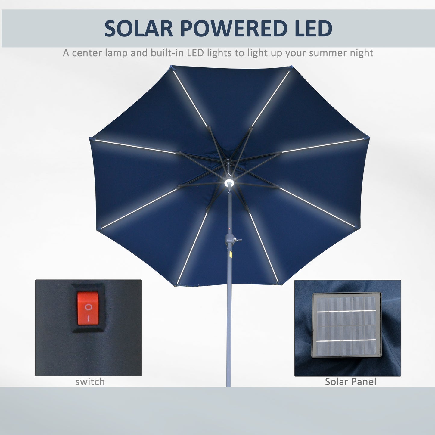 2.7m Garden Parasol Sun Umbrella w/ LED Solar Light Angled Canopy Blue