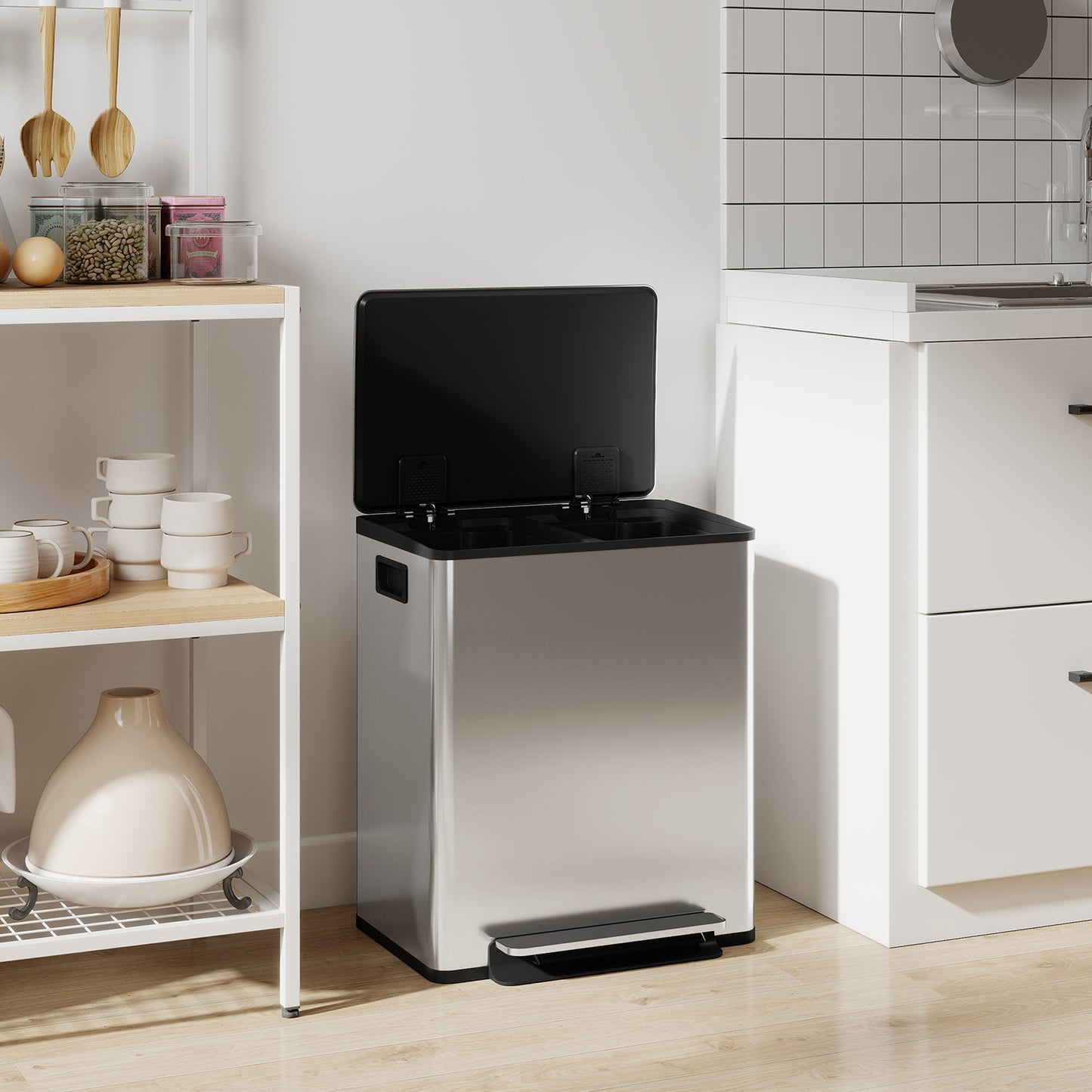 50L Dual Compartment Stainless Steel Bin, with Deodoriser Holders - Silver