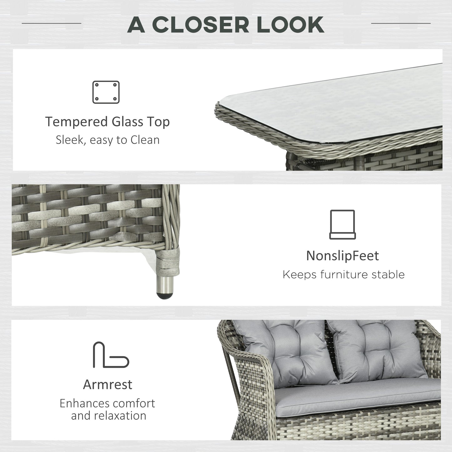 Four-Piece Rattan Set, with Glass-Top Table - Grey