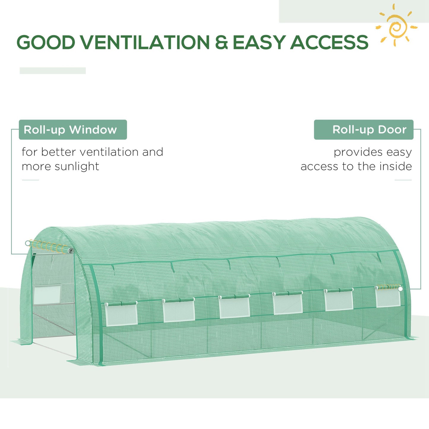 Polytunnel Greenhouse Walk-in Grow House Tent with Roll-up Sidewalls, Zipped Door and 12 Windows, 6x3x2m Green